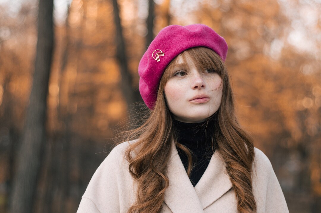 Fuchsia Wool Beret With Gold Decor Designer Hot Pink Beret Etsy