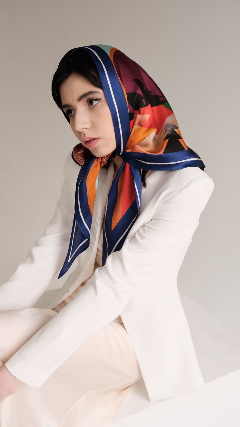 Designer tie back kerchief Large silk hair handbag 60s scarf Triangle headscarf Ukrainian nature inspired accessory Mountain print image 8