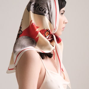 Designer tie back kerchief Large silk hair handbag 60s scarf Triangle headscarf Ukrainian Women inspired Abstract print image 6