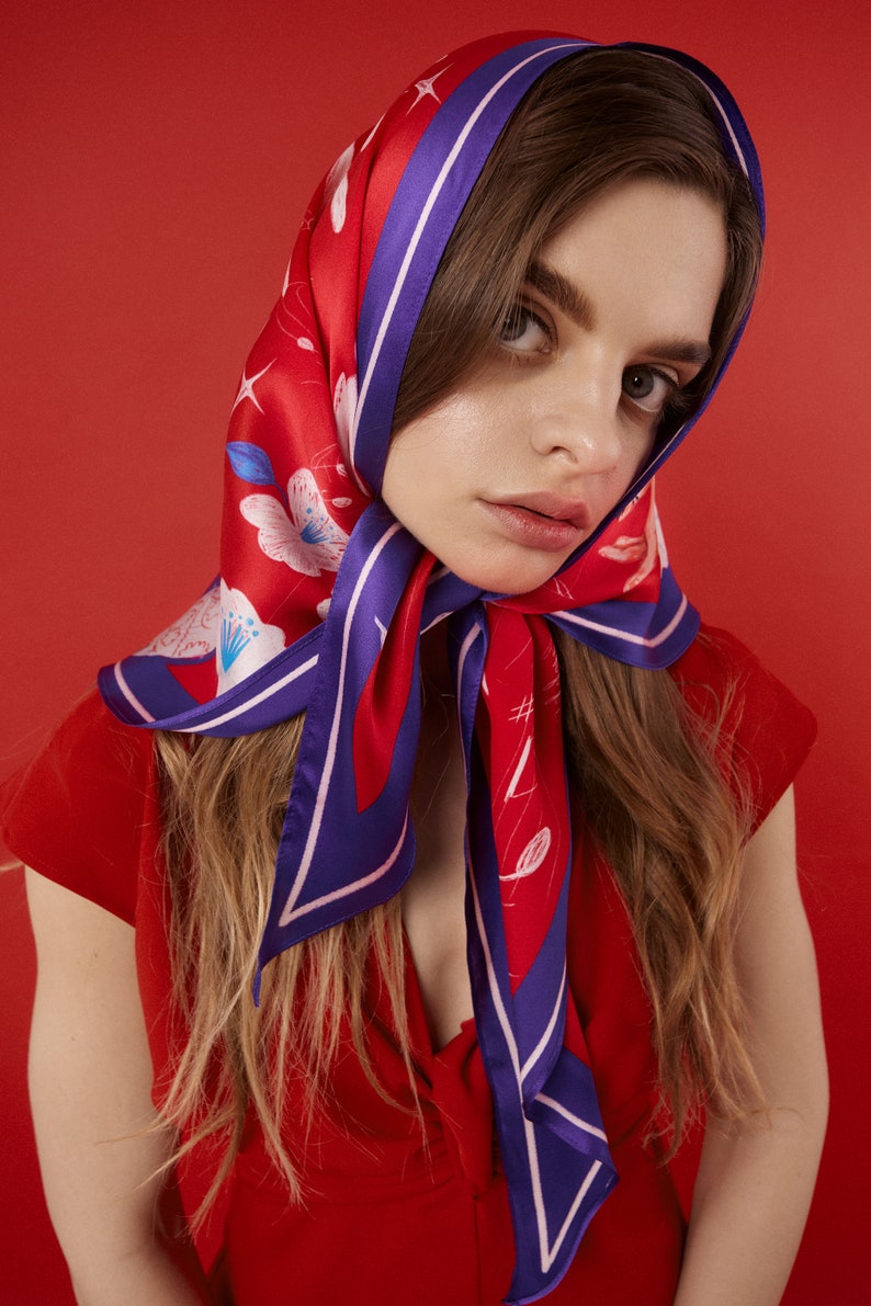 Designer tie back kerchief Large silk hair handbag 60s scarf Triangle headscarf Ukrainian Person of Art inspired Abstract print image 3