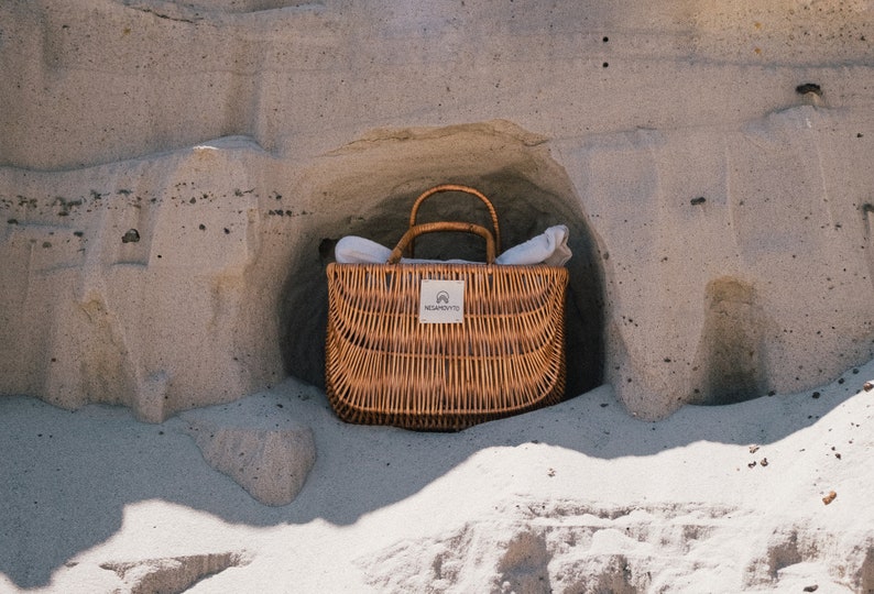 Handmade willow basket set of 2 with linen bag Picnic big rattan straw beach bag image 6