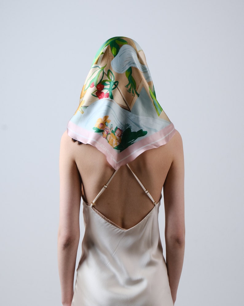 Designer tie back kerchief Large silk hair handbag 60s scarf Triangle headscarf Ukrainian Women inspired Abstract print image 8