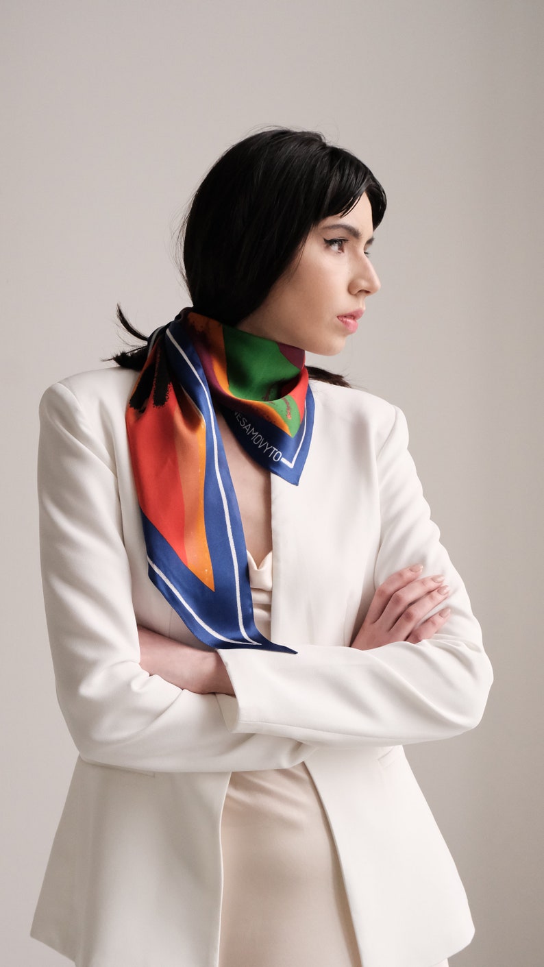 Designer tie back kerchief Large silk hair handbag 60s scarf Triangle headscarf Ukrainian nature inspired accessory Mountain print image 7