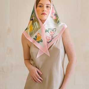 Designer pink scarf of mulberry silk Collaboration with Alina Pash Floral handbag, ponytail, purse scarf Ukrainian culture inspired image 1