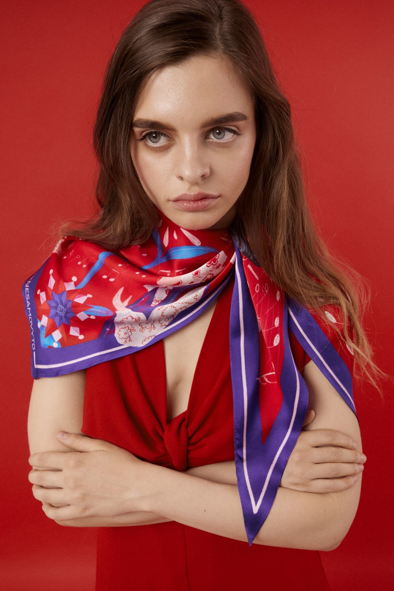 Designer tie back kerchief Large silk hair handbag 60s scarf Triangle headscarf Ukrainian Person of Art inspired Abstract print image 4