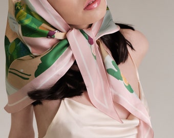 Designer tie back kerchief | Large silk hair handbag 60s scarf | Triangle headscarf | Ukrainian Women inspired | Abstract print