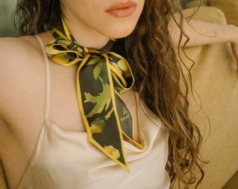 Long silk scarf Rage, Neck Silk Scarf, Pure Silk Neck Scarf, Silk Neckerchief, Silk Hair Scarf, Silk Ponytail Scarf, Yellow buttercup flower