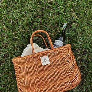 Handmade willow basket set of 2 with linen bag Picnic big rattan straw beach bag image 5