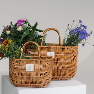 Handmade willow basket set of 2 with linen bag Picnic big rattan straw beach bag image 1