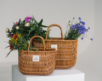 Handmade willow basket set of 2 with linen bag - Picnic big rattan straw beach bag