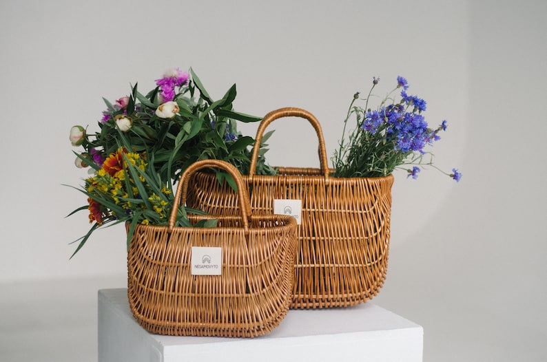Handmade willow basket set of 2 with linen bag Picnic big rattan straw beach bag image 1