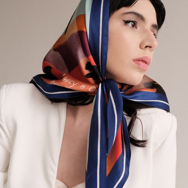 Designer tie back kerchief | Large silk hair handbag 60s scarf | Triangle headscarf | Ukrainian nature inspired accessory | Mountain print