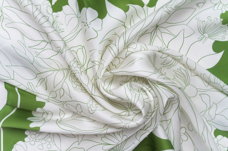 Floral pattern green scarf mulberry silk Designer handbag, ponytail scarf Ukrainian flowers and weeds inspired accessory Gift for her image 6