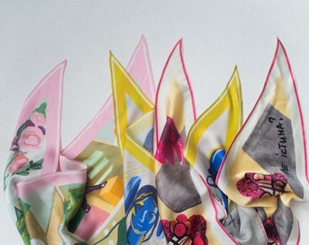Set van 3 designer sjaals van moerbeizijde: roze, rood, blauw | Samenwerking met Alina Pash | Set vuurhandtas, paardenstaart, portemonnee-sjaals
