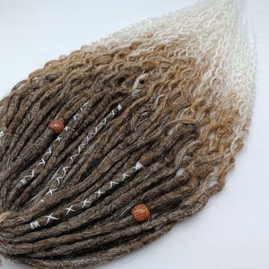 Crochet dreads with curled ends. Dreads brown, light brown, white. Extension of synthetic DE and SE dreads handmade. Brown ombre dreads