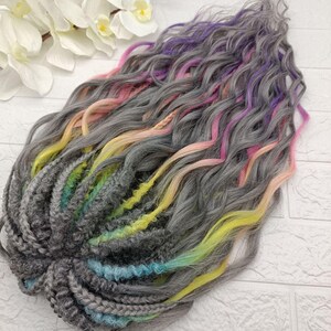 Curly Synthetic Dreadlocks Set, Gray Ombre with Rainbow Highlights, Soft Crochet Dreads, Boho Hair Extensions, Festival Braids,Full Head Set