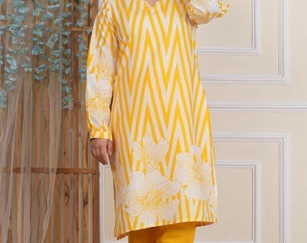 Cotton Laheriya Kurti Pant Set: Embroidered Indian Salwar Kameez