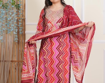 Conjunto de dupatta de pantalón kurti largo recto bordado a mano de puro algodón, conjunto de pantalón kurti, conjunto de kurta palazzo, salwar kameez, vestidos para mujer