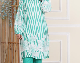 Sky Blue Cotton Kurta Pant Set: Printed Salwar Kameez for Women