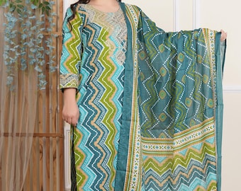 Feestkleding puur katoen geborduurd werk lange kurti met broek en dupatta-set, katoenen kurti-set, jurken voor dames, salwar kameez