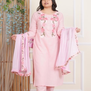 Women Handloom khadi cotton embroidered work long kurti with pant and dupatta set, cotton salwar suits, kurta set women, dresses for women