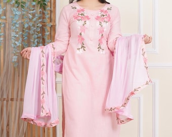 Handloom Khadi Cotton Kurti Set: Bestickter Salwar Suit mit Chiffon Dupatta
