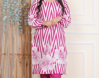 Embroidered Cotton Kurti Pant Set: Laheriya Print Salwar Kameez