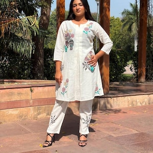 Premium khadi cotton embroidered work flared anarkali short kurta with pant set, Dresses for women, Kurta set women, Salwar kameez suits