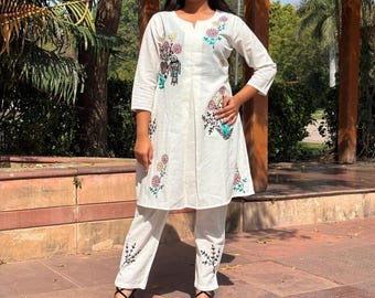 Embroidered Khadi Cotton Anarkali Kurta Pant Set: Salwar Kameez Suit