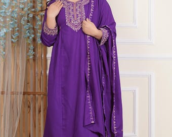 Embroidered Chinon Kurta Pant Dupatta Set: Purple Festival Dress