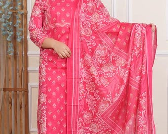 Printed Cotton Salwar Kameez: Hand Embroidered Kurti Pant Dupatta Set
