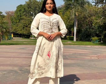 Hand Block Printed Khadi Cotton Kurta Palazzo Set: Embroidered Ethnic Wear