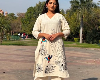 Conjunto de kurta palazzo de algodón khadi bordado: vestido de verano hecho a mano