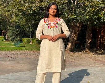 Embroidered Khadi Cotton Kurta Palazzo Set: Indian Ethnic Wear