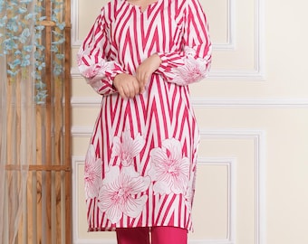 Embroidered Laheriya Kurti Pant Set: Indian Cotton Salwar Kameez