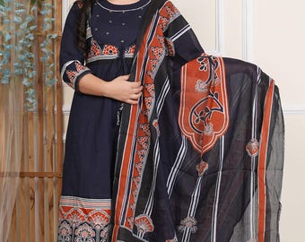 Embroidered Cotton Anarkali Kurta Set: Navy Blue Indian Dress