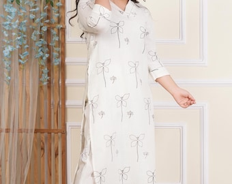 Printed Khadi Cotton Kurta Pant Set: Bollywood Style V-Neck