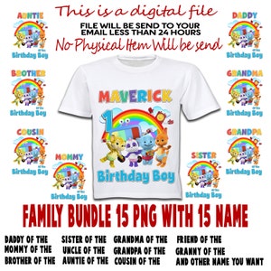 May include: A digital download of 15 PNG images featuring a family of cartoon characters with a rainbow and the text "Birthday Boy". The images include different family members such as "Mommy of the Birthday Boy", "Daddy of the Birthday Boy", "Sister of the Birthday Boy", and more. The text "Family Bundle 15 PNG with 15 Name" is also included.