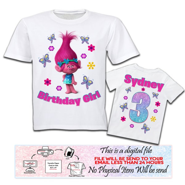 Trolls Verjaardag Shirt Iron On Transfer, Trolls Front Back Shirt, Trolls SVG, Gepersonaliseerde Bedrukbare, Digitale Bestand Alleen