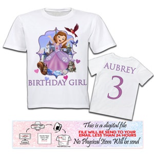 May include: A white t-shirt with a purple design featuring a cartoon princess, a castle, and animals. The text "Birthday Girl" is printed in purple below the design. A second white t-shirt is shown with the name "Aubrey" and the number "3" printed in purple.