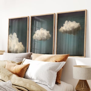 Moody Vintage Cloud Painting SET of 3 Prints, Emerald Green Cloud Art, Moody Sky Print, Above Bed Wall Decor PRINTABLE Gallery Wall | S113-3