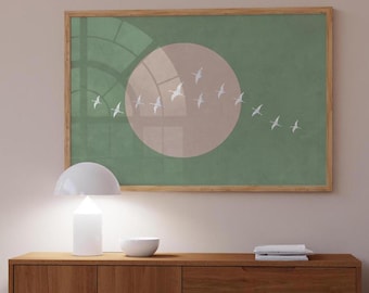 May include: A framed print with a green background and a large, off-white circle in the center. The circle has a flock of white birds flying in a curved line across it.