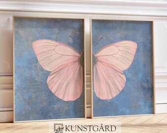 Blue Split Butterfly Wall Art SET of 2, Pink Butterfly Wings, Elegant Bedroom Art, Minimalist Wings Print, Nursery Decor PRINTABLE | S141-2