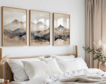 Beige und Brauner Abstrakter Druck 3-er SET, Aquarell Landschaftsmalerei, Erdtöne Galerie-Set DRUCKBAR Download | S19-3