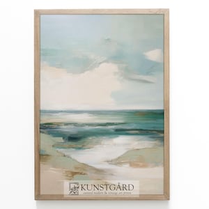 Neutrale abstrakte Landschaft, beige grüne Seelandschaft, Malerei, moderne Wandkunst, ruhige skandinavische Küstenmalerei DRUCKBAR Download | H390