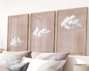 Blozen roze wolk SET van 3 prints, beige wolk, boven bed decor, minimalistische wolk poster, roze kinderkamer kunst aan de muur, afdrukbare galerij | S108-3