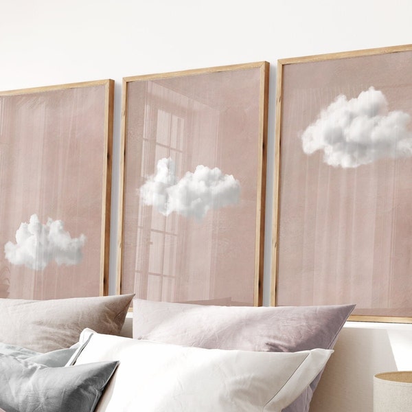 Erröten rosa Wolke SET von 3 Drucken, Beige Wolke, Überbettdekor, minimalistisches Wolkenposter, rosa Kinderzimmer-Wandkunst, DRUCKBARE Galerie | S108-3