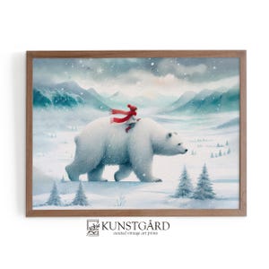 Impression ours polaire et fille, art mural ours des glaces, jolie décoration de Noël, art mural hiver magique, carte postale de Noël à télécharger | L102