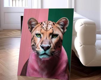 Rosa gepard på grönt konsttryck, smaragdgrön modern konst, djurkonsttryck, samtida maximalistisk poster, rosa grön UTSKRIFTSBAR konst | H388