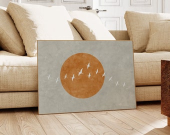 Horizontal Japandi Wall Art, Beige Cranes Print, Boho Sun Art Print, Flock of Birds Painting, Minimalistic Decor, PRINTABLE Download | L315